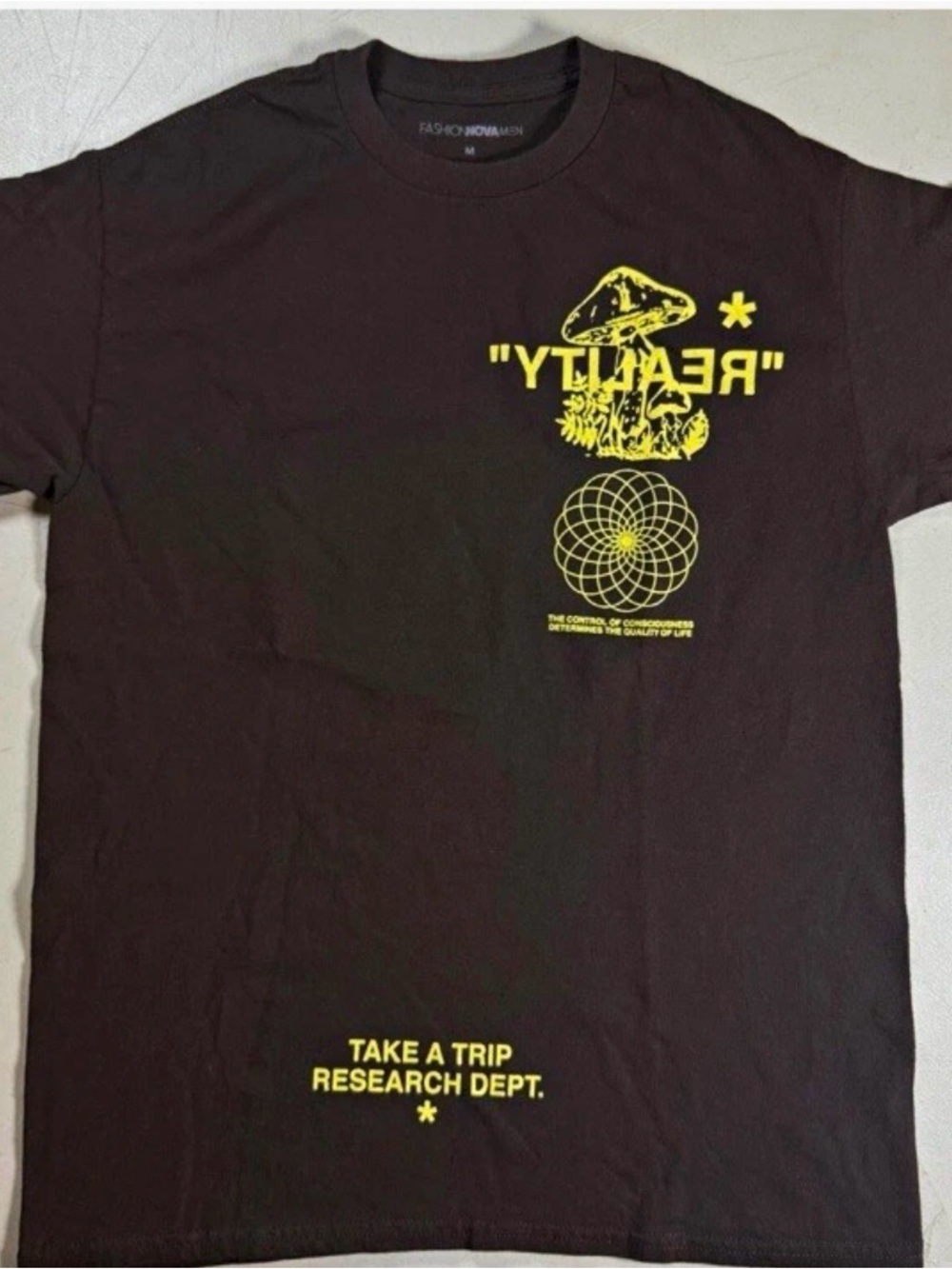 Fashion Nova Men’s Black Tee with Yellow "REALITY" Graphic